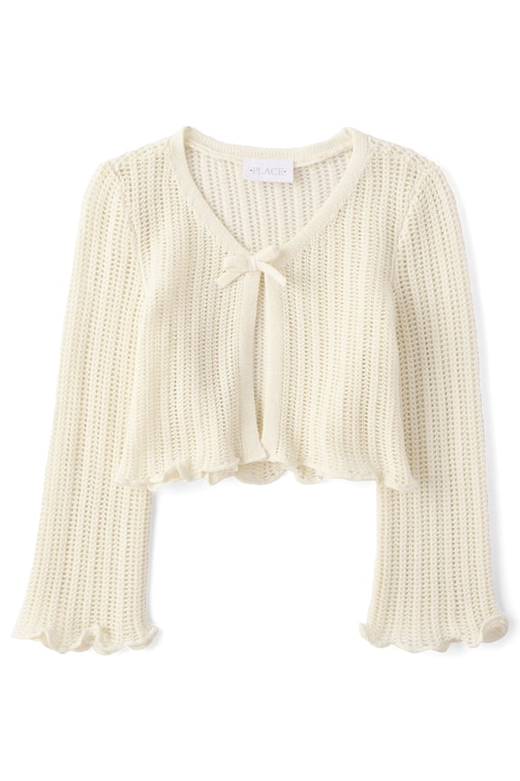 Girls Long Bell Sleeve Lettuce Pointelle Cardigan, Sizes XS-XXL