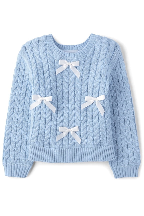 Girls Long Sleeve Cable Knit Bow Front Sweater, Sizes 12M-5T