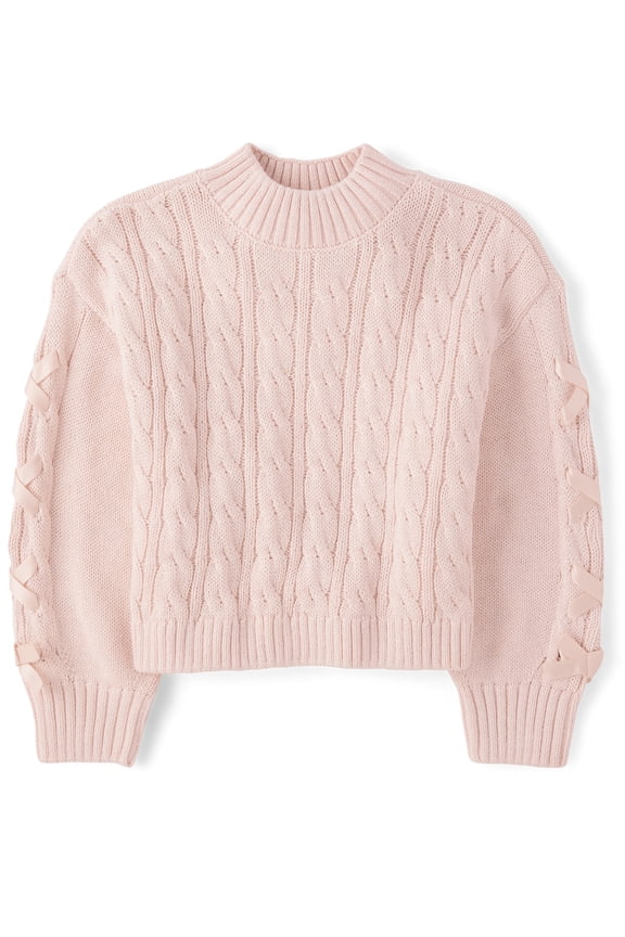 Girls Long Sleeve Cable Knit Ribbon Sweater, Sizes XS-XXL