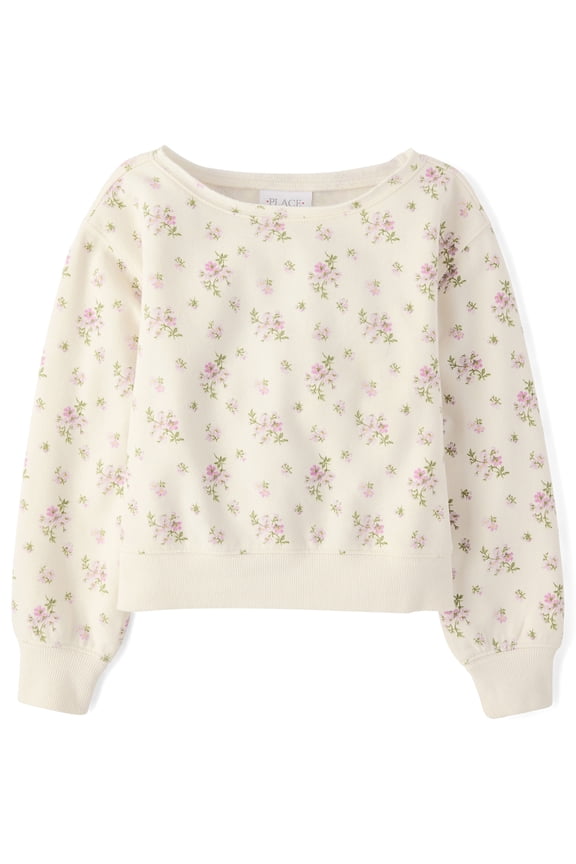 Girls Long Sleeve Floral Off Shoulder Fleece Sweatshirt, Sizes XS-XXL