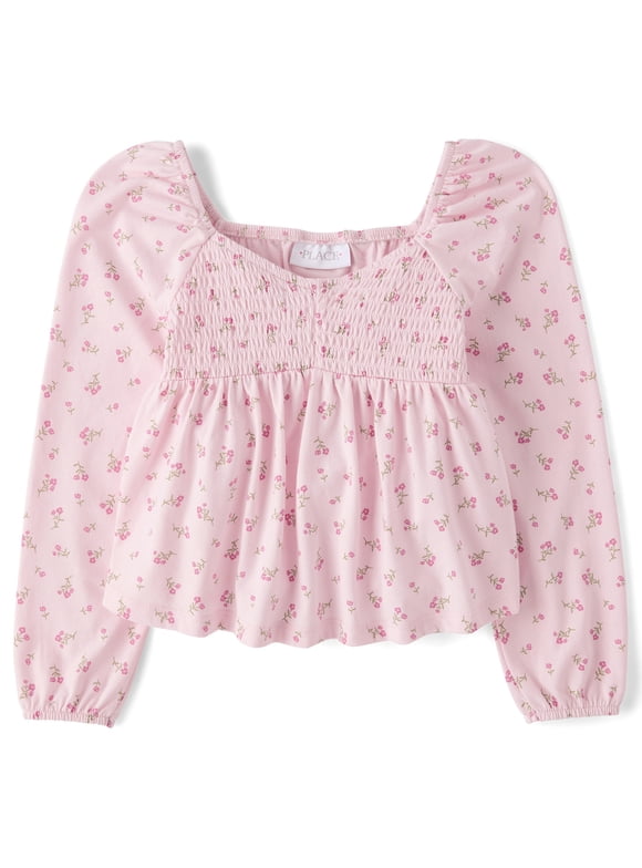 Girls Long Sleeve Floral Smocked Peplum Top, Sizes XS-XXL