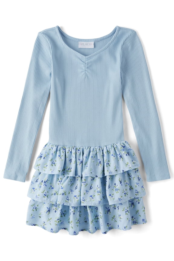 Girls Long Sleeve Floral Tiered Drop Waist Dress, Sizes XS-XXL