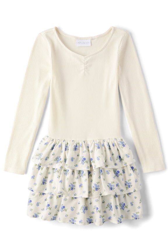 Girls Long Sleeve Floral Tiered Drop Waist Dress, Sizes XS-XXL