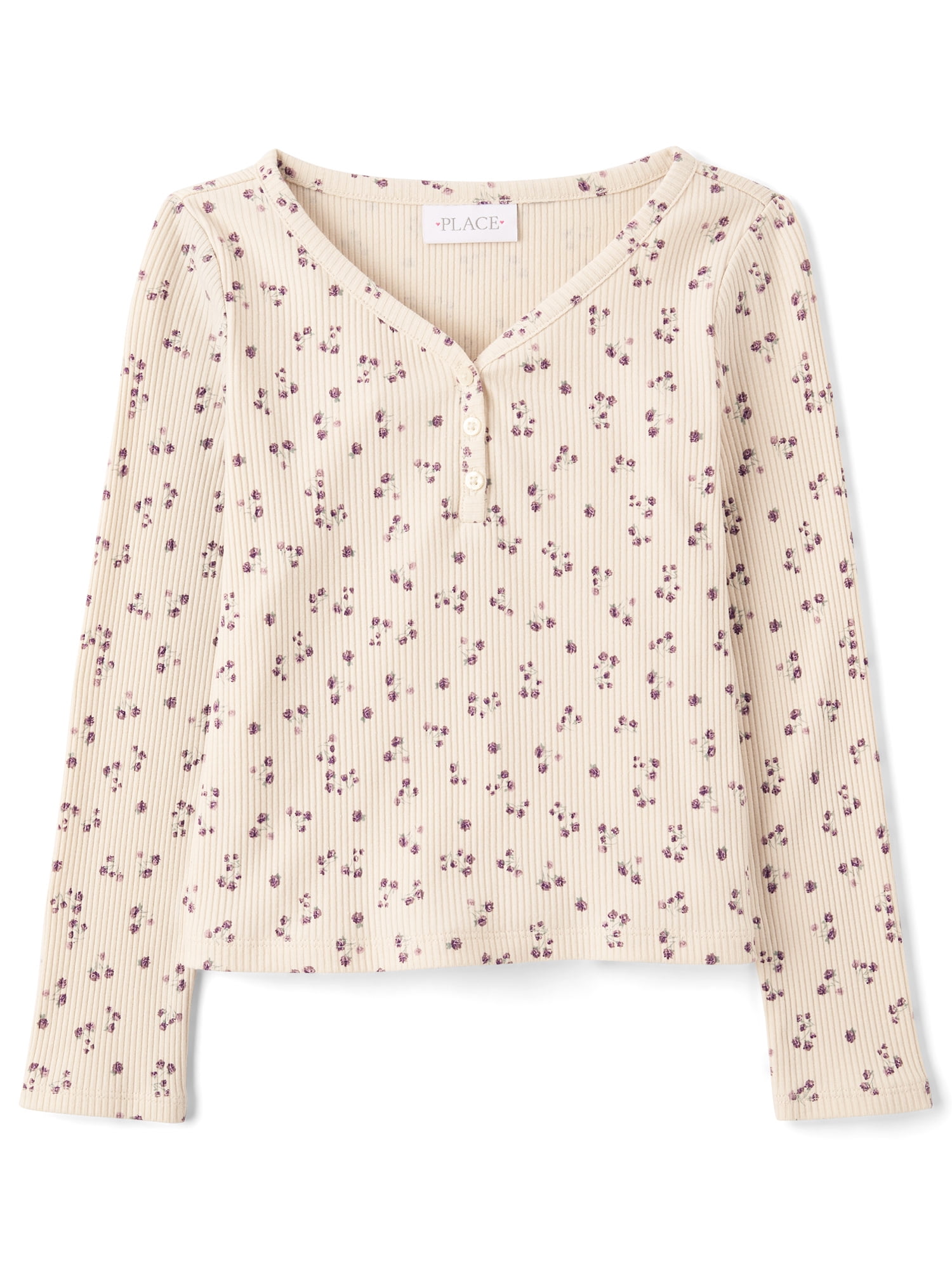 The Children's Place Girls Long Sleeve Floral V-Neck Ribbed Henley Top, Sizes XS-XXL