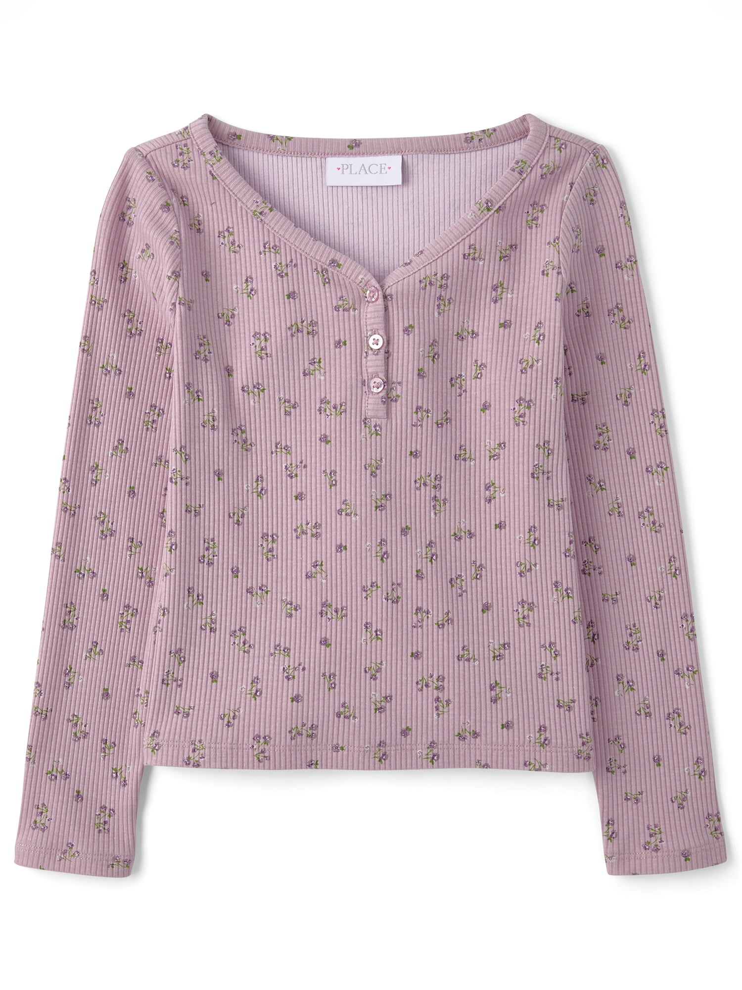 The Children's Place Girls Long Sleeve Floral V-Neck Ribbed Henley Top, Sizes XS-XXL