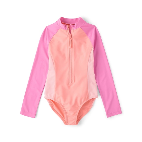 The Children's Place Girls Long Sleeve Half Zip One-Piece Rashguard Swimsuit, Sizes XS-XXL