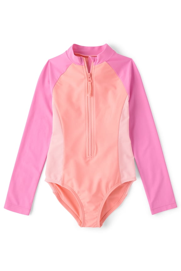Girls Long Sleeve Half Zip One-Piece Rashguard Swimsuit, Sizes XS-XXL