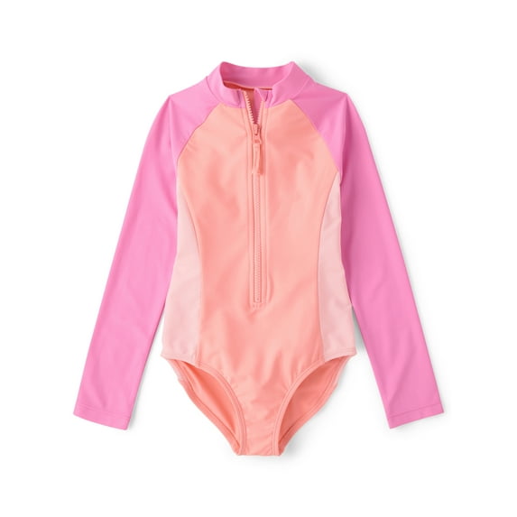 The Children's Place Girls Long Sleeve Half Zip One-Piece Rashguard Swimsuit, Sizes XS-XXL