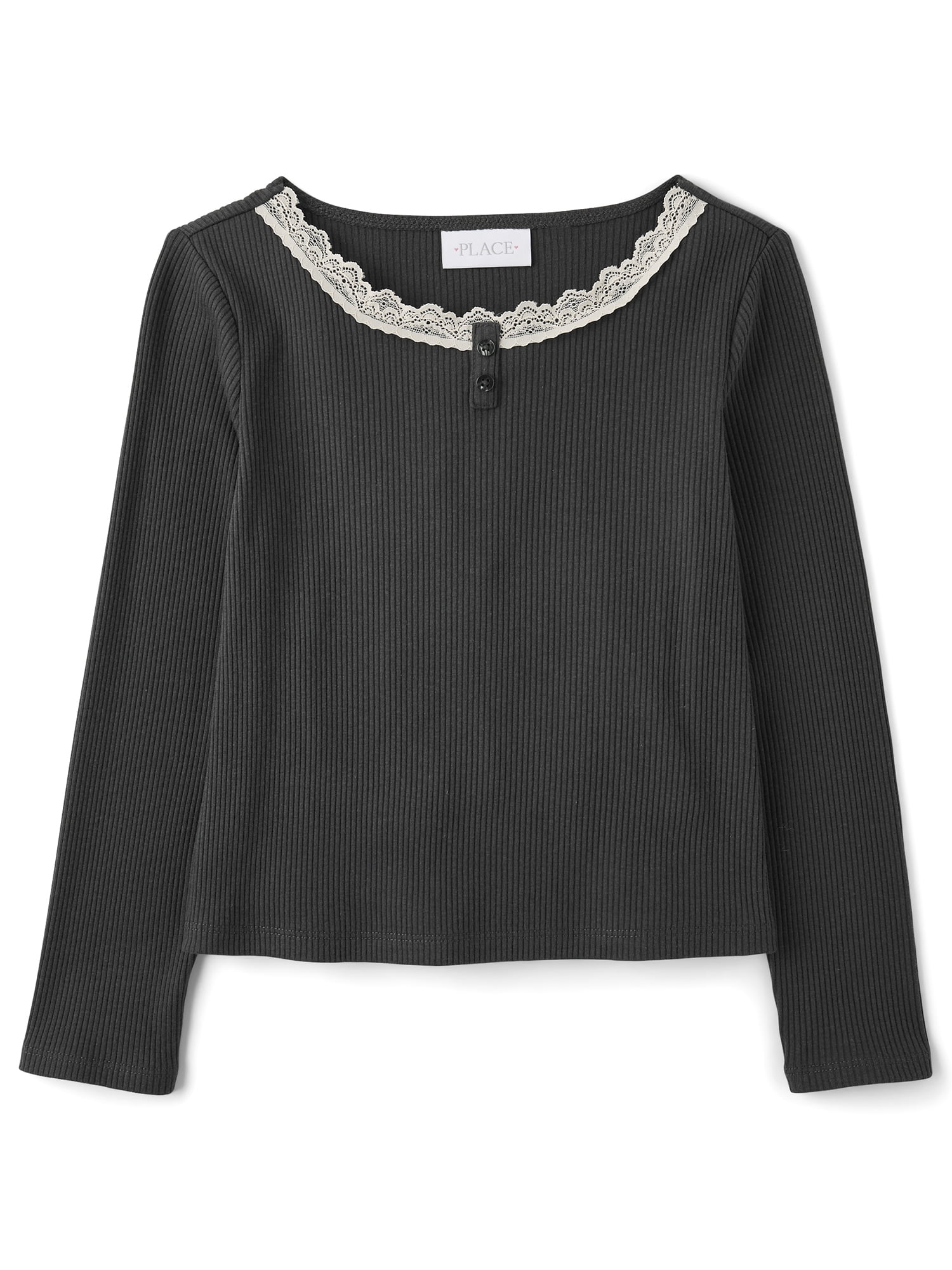 The Children's Place Girls Long Sleeve Lace Neck Ribbed Henley Top, Sizes XS-XXL