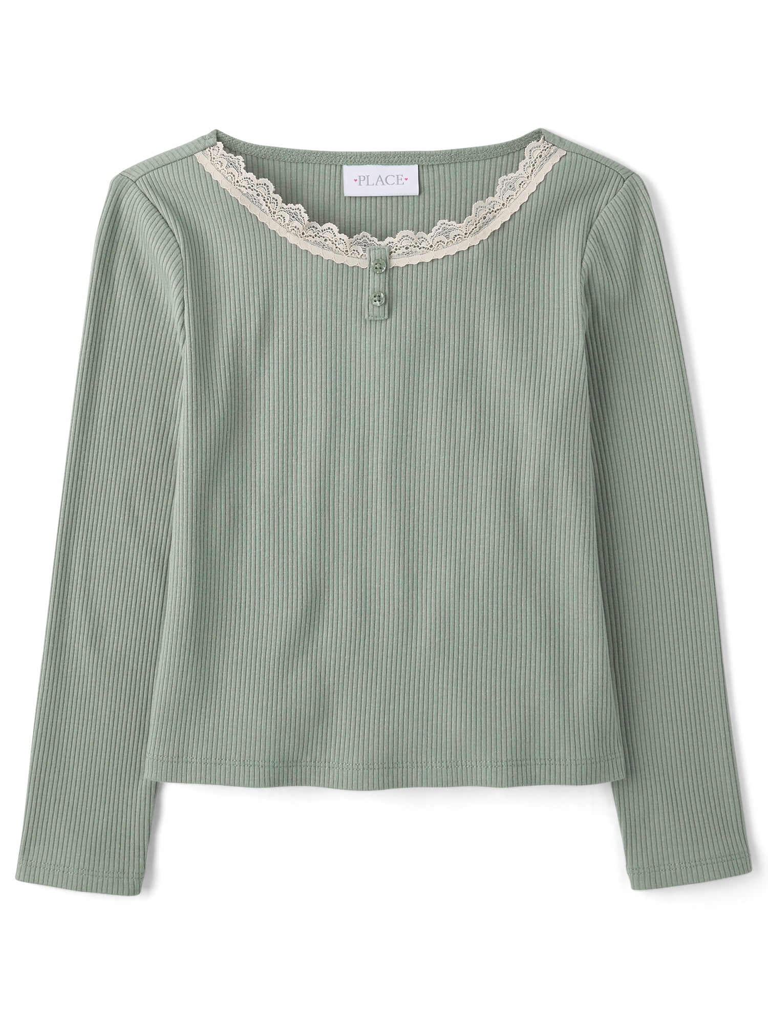 The Children's Place Girls Long Sleeve Lace Neck Ribbed Henley Top, Sizes XS-XXL