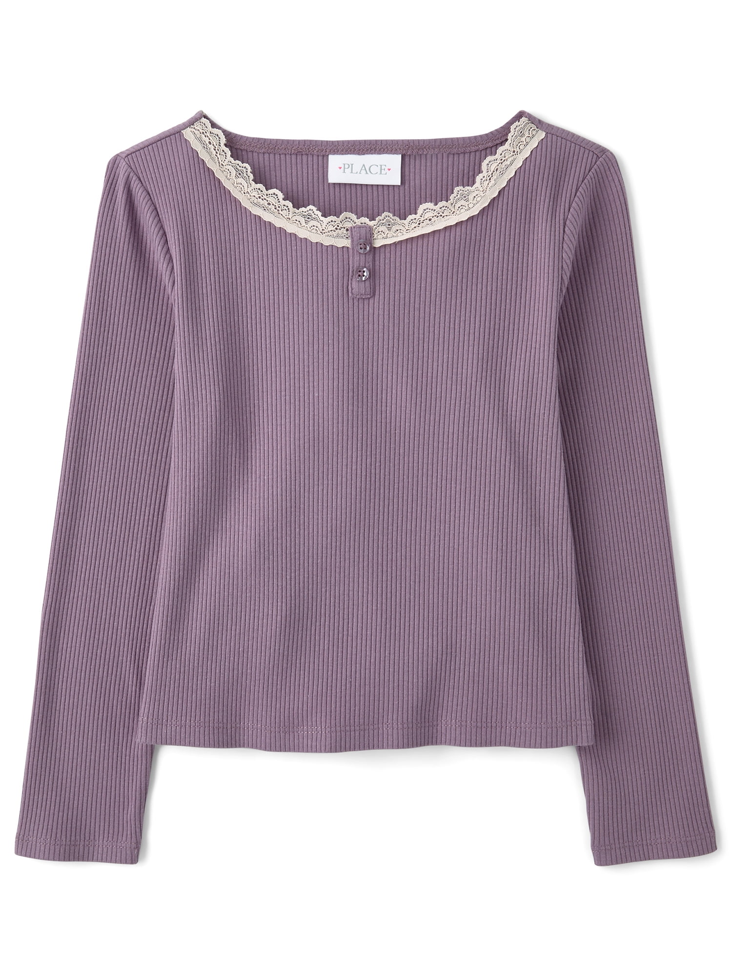 The Children's Place Girls Long Sleeve Lace Neck Ribbed Henley Top, Sizes XS-XXL