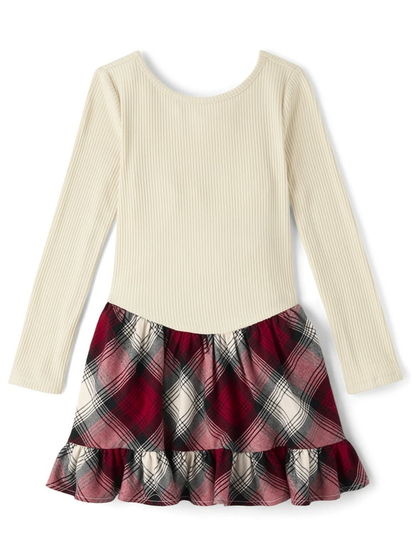Girls Long Sleeve Ribbed Plaid Drop Waist Dress, Sizes XS-XXL