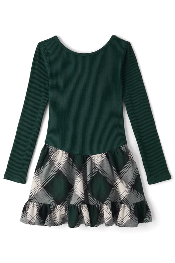 Girls Long Sleeve Ribbed Plaid Drop Waist Dress, Sizes XS-XXL