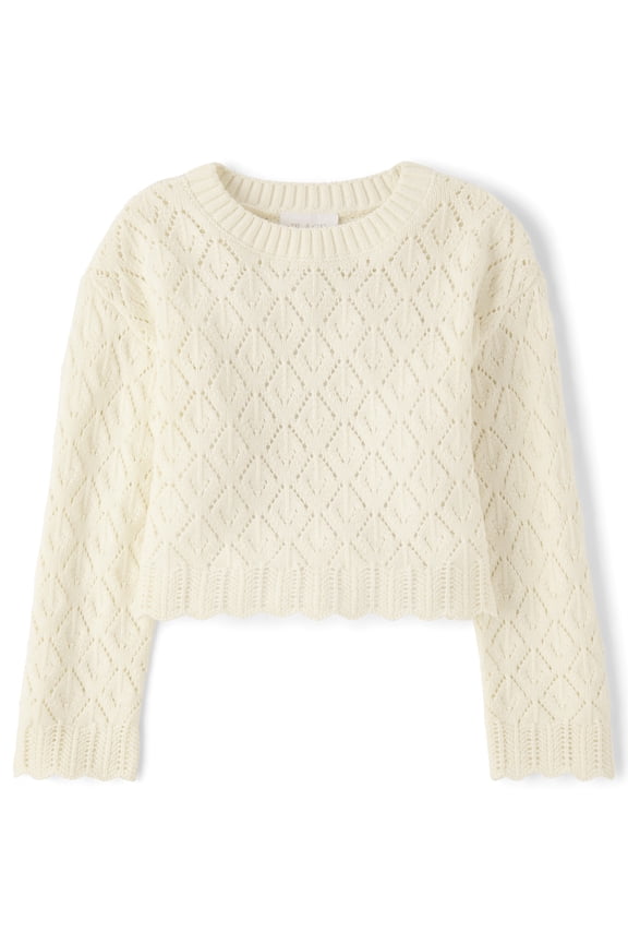 Girls Long Sleeve Scalloped Crochet Sweater, Sizes XS-XXL
