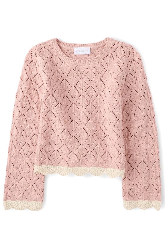 Girls Long Sleeve Scalloped Pointelle Sweater, Sizes XS-XXL