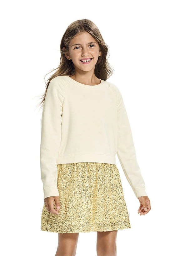 Girls Long Sleeve Sequin Sweatshirt Dress, Sizes XS-XXL