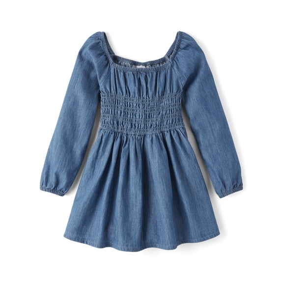 The Children's Place Girls Long Sleeve Smocked Chambray Dress, Sizes XS-XXL