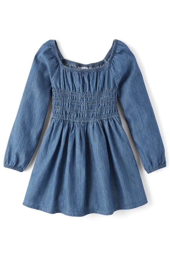 Girls Long Sleeve Smocked Chambray Dress, Sizes XS-XXL