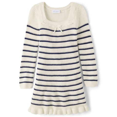 Girls Long Sleeve Striped Bow Sweater Dress, Sizes XS-XXL
