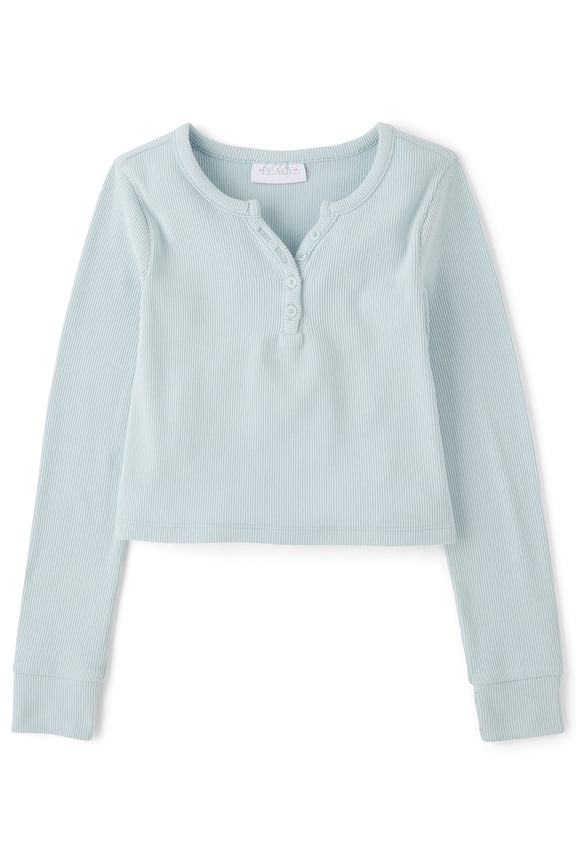 Girls Long Sleeve Sueded Rib Henley Top, Sizes XS-XXL
