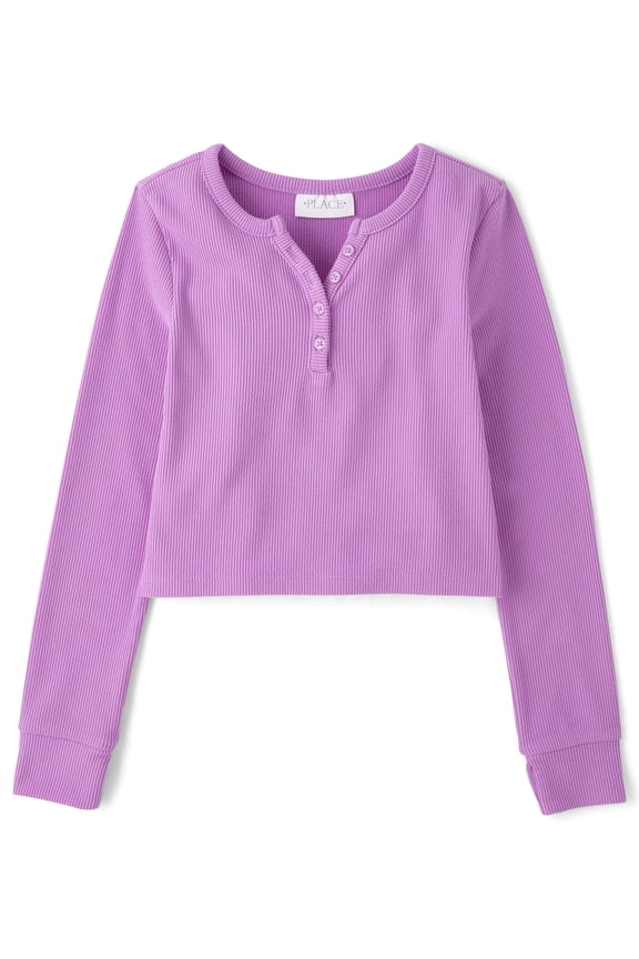 Girls Long Sleeve Sueded Rib Henley Top, Sizes XS-XXL