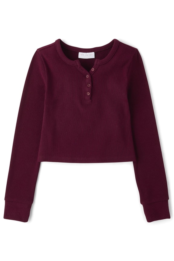 Girls Long Sleeve Sueded Rib Henley Top, Sizes XS-XXL