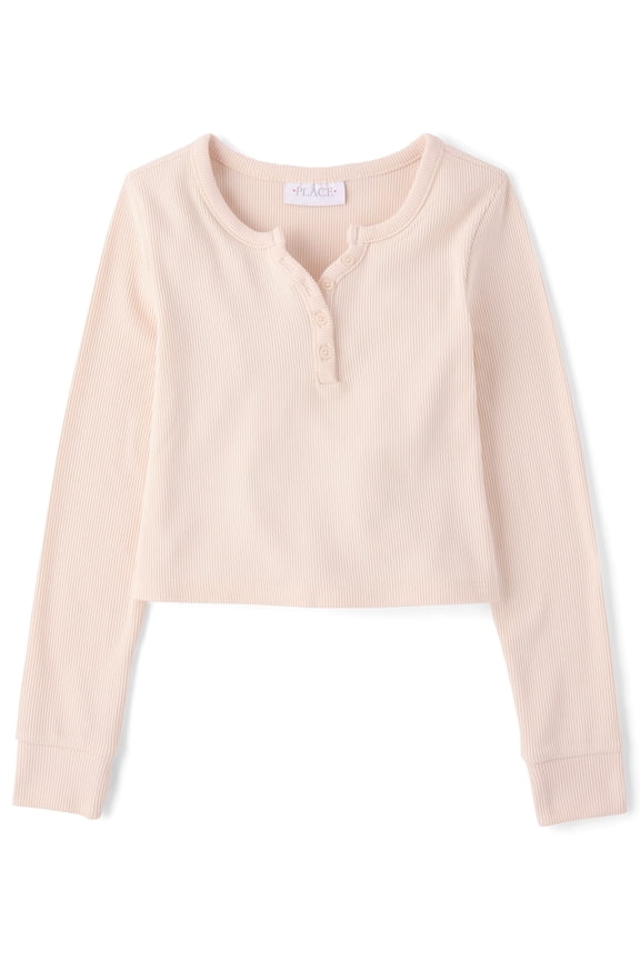 Girls Long Sleeve Sueded Rib Henley Top, Sizes XS-XXL