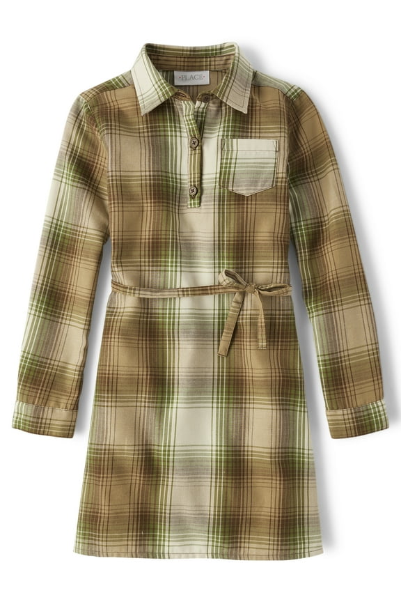 Girls Long Sleeve Tie-Waist Plaid Dress, Sizes XS-XXL