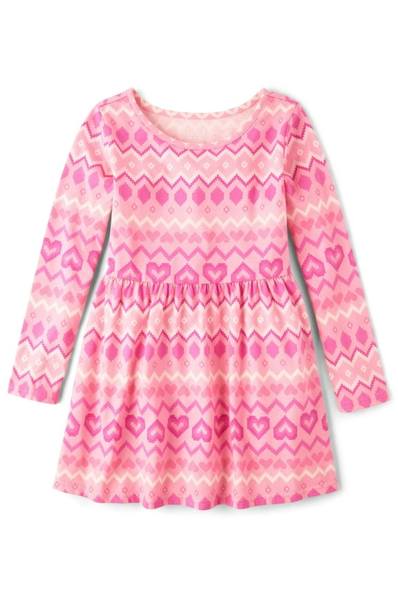 Girls Long Sleeve V-Day Heart Print Dress, Sizes XS-XXL