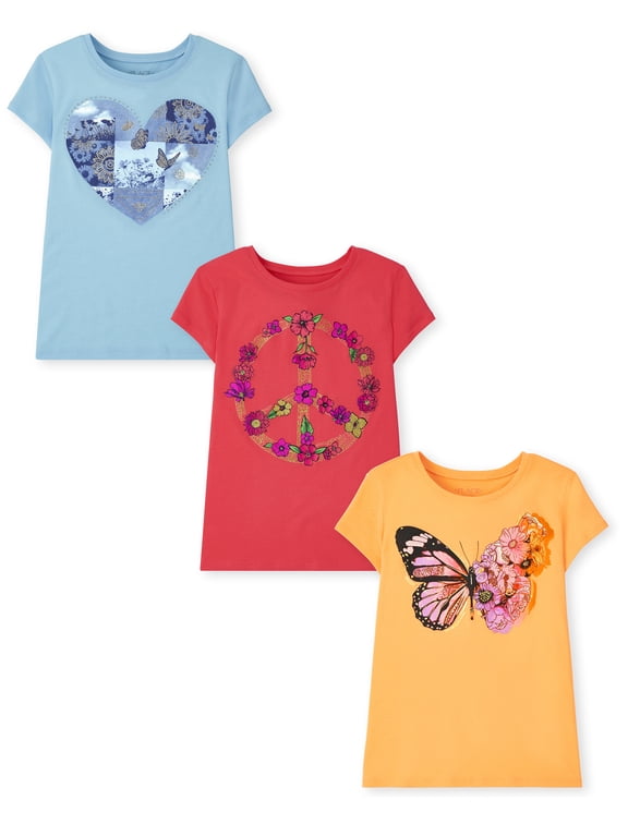 Girls Short Sleeve Butterfly Graphic Tee, 3-Pack, Sizes XS-XXL