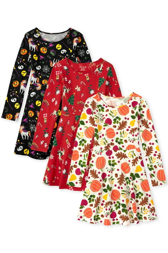 Girls Multi Holiday 3-Pack Long Sleeve Dresses, Sizes XS-XXL