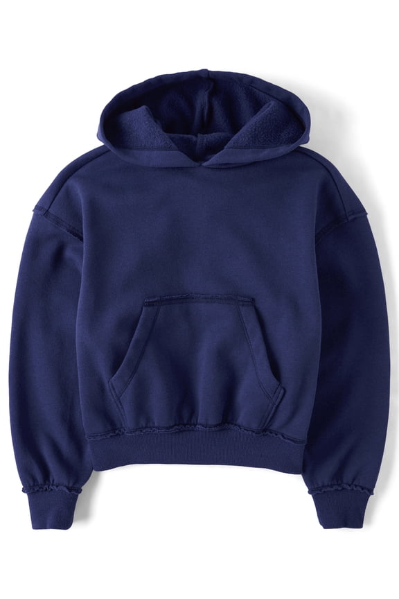 Girls Oversized Puff Print Bow Pullover Fleece Hoodie, Sizes XS-XXL