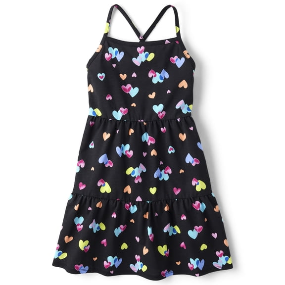 The Children's Place Girls Rainbow Heart Sleeveless Cross Back Tiered Dress, Sizes XS-XXL