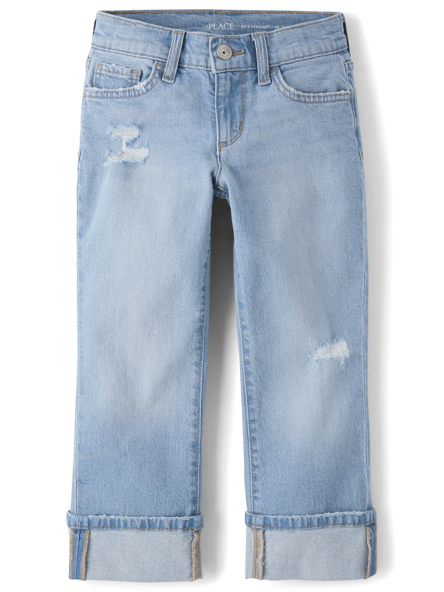 The Children's Place Girls Ripped Roll Cuff 90s Straight Jeans, Sizes 4-16