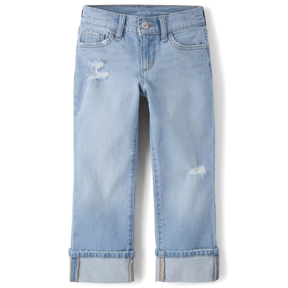The Children's Place Girls Ripped Roll Cuff 90s Straight Jeans, Sizes 4-16