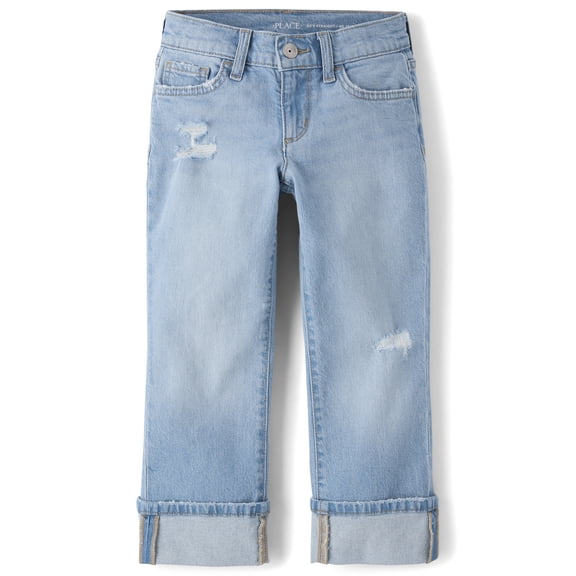 The Children's Place Girls Ripped Roll Cuff 90s Straight Jeans, Sizes 4-16