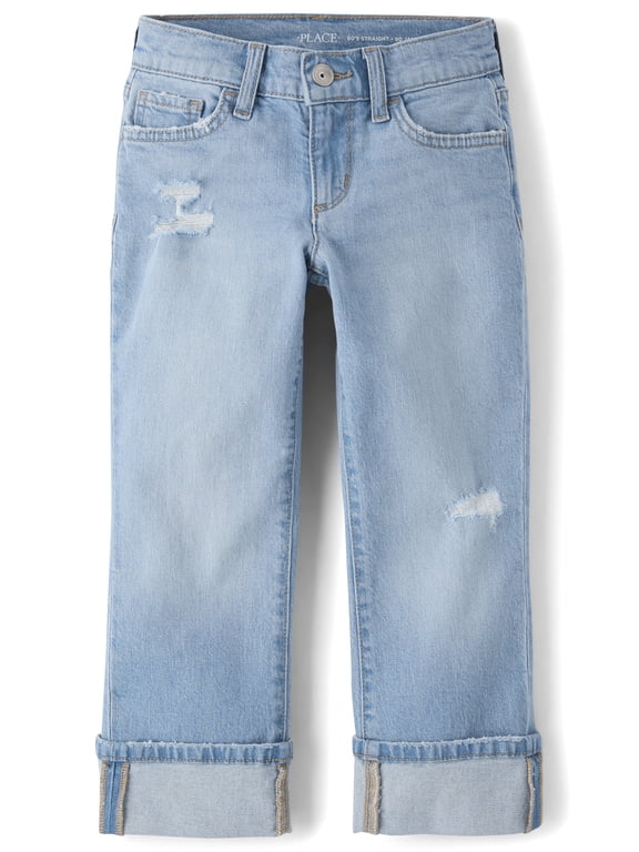Girls Ripped Roll Cuff 90s Straight Jeans, Sizes 4-16