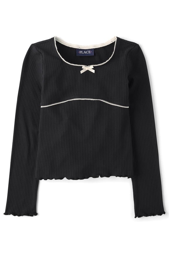 Girls Round Neck Long Sleeve Ribbed Lettuce Top, Sizes XS-XXL