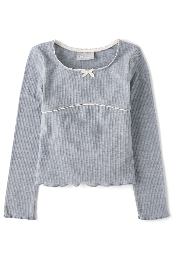 Girls Round Neck Long Sleeve Ribbed Lettuce Top, Sizes XS-XXL