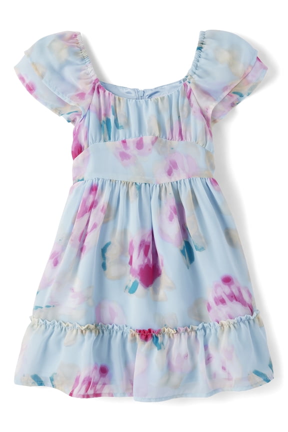 Girls Short Flutter Sleeve Floral Chiffon Ruffle Dress, Sizes XS-XXL