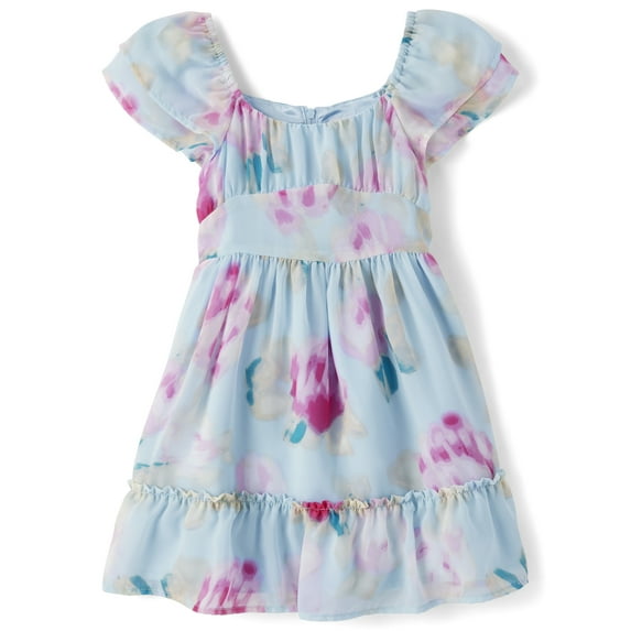 The Children's Place Girls Short Flutter Sleeve Floral Chiffon Ruffle Dress, Sizes XS-XXL