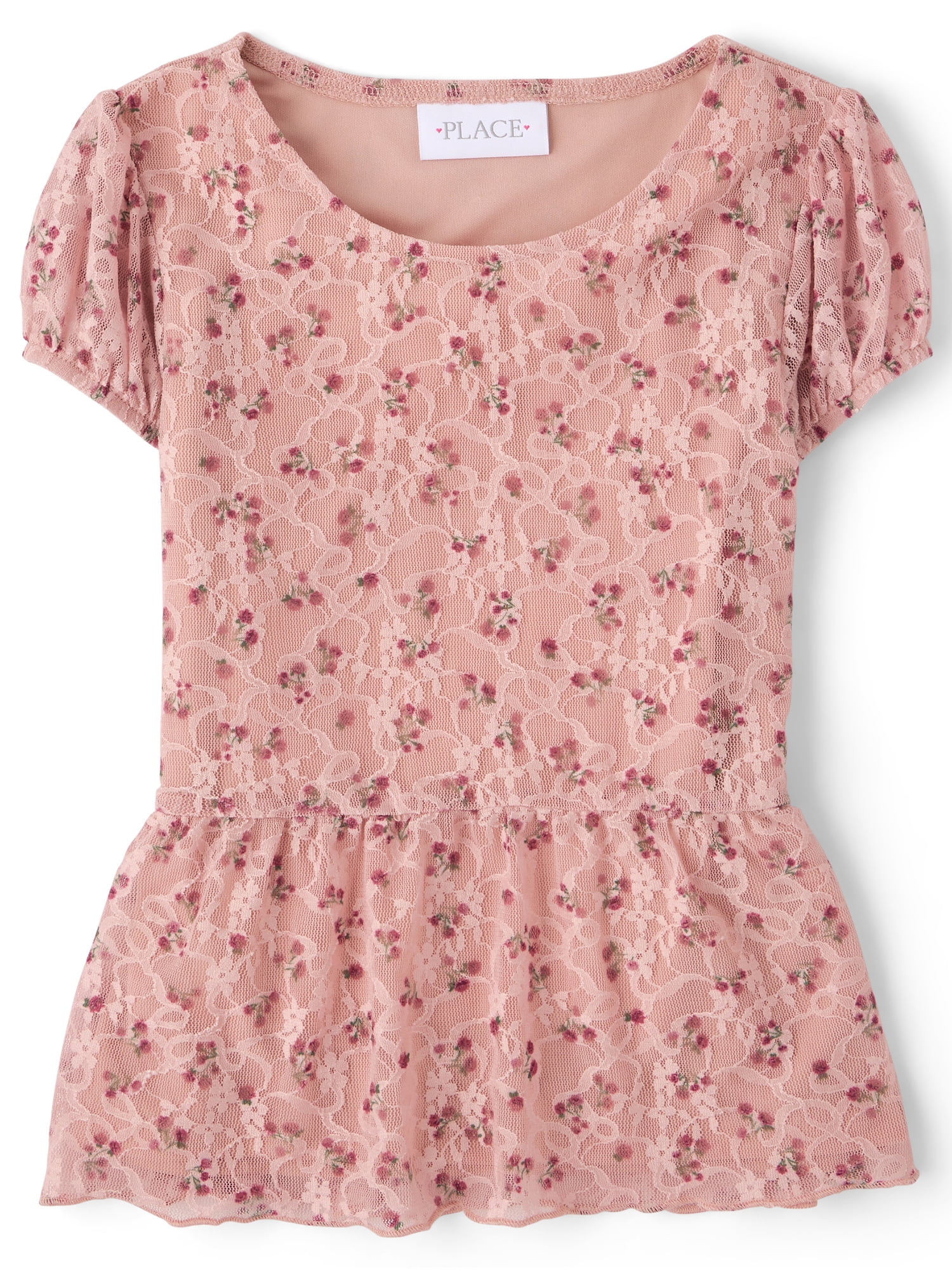 The Children's Place Girls Short Puff Sleeve Floral Lace Hanky Hem Top, Sizes XS-XXL