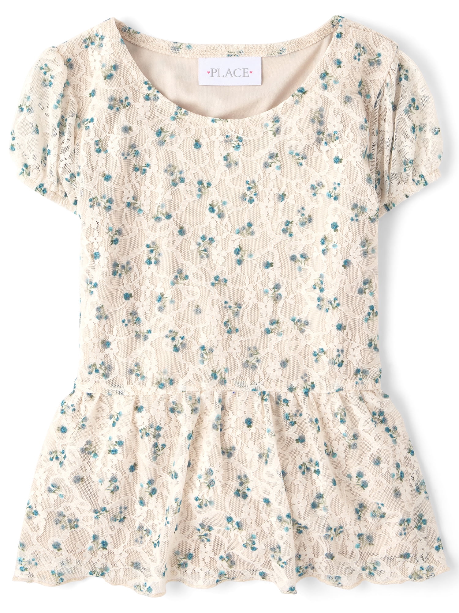 The Children's Place Girls Short Puff Sleeve Floral Lace Hanky Hem Top, Sizes XS-XXL