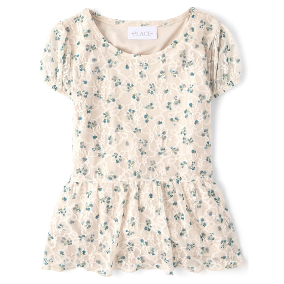 The Children's Place Girls Short Puff Sleeve Floral Lace Hanky Hem Top, Sizes XS-XXL