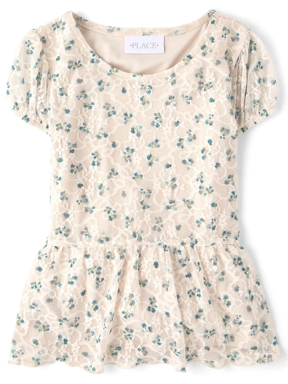 Girls Short Puff Sleeve Floral Lace Hanky Hem Top, Sizes XS-XXL