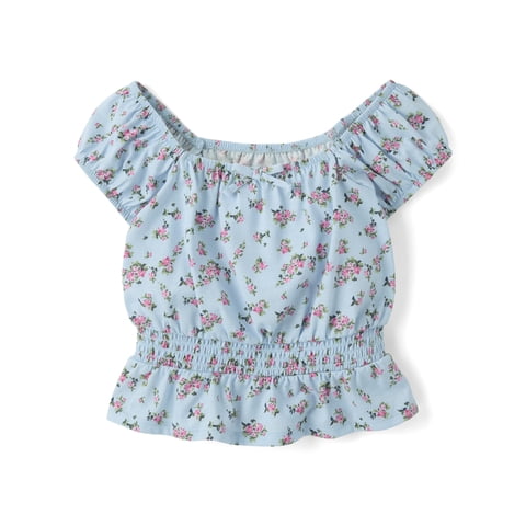 Girls Short Puff Sleeve Floral Smocked Top, Sizes XS-XXL