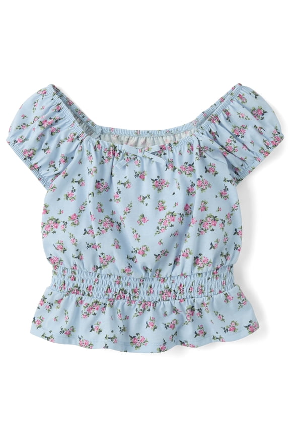Girls Short Puff Sleeve Floral Smocked Top, Sizes XS-XXL