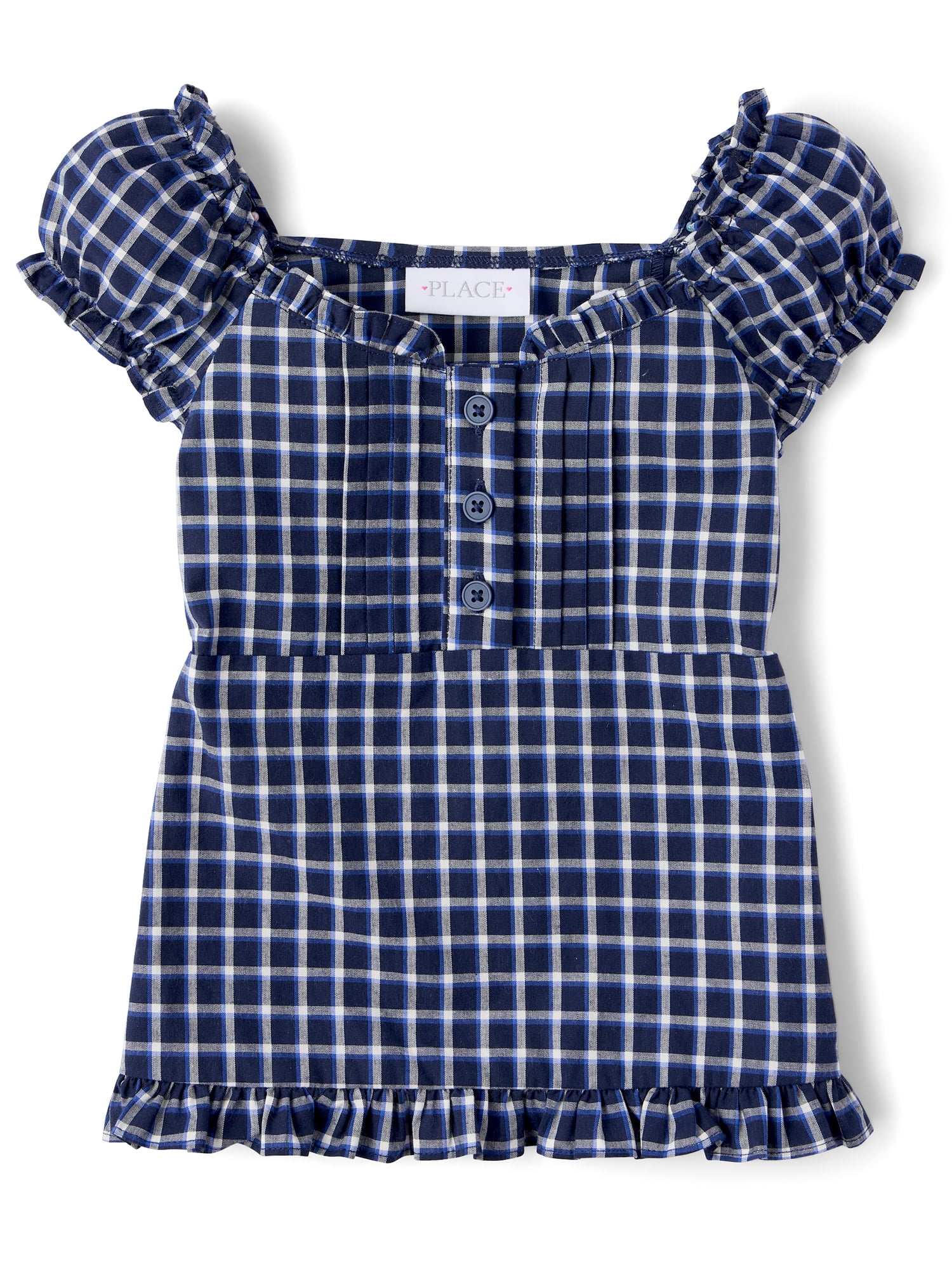 The Children's Place Girls Short Puff Sleeve Plaid Ruffle Poplin Blouse, Sizes XS-XXL