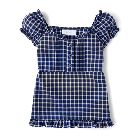 The Children's Place Girls Short Puff Sleeve Plaid Ruffle Poplin Blouse, Sizes XS-XXL