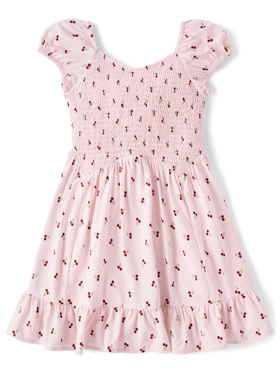 Girls Short Puff Sleeve Print Smocked Ruffle Dress, Sizes XS-XXL